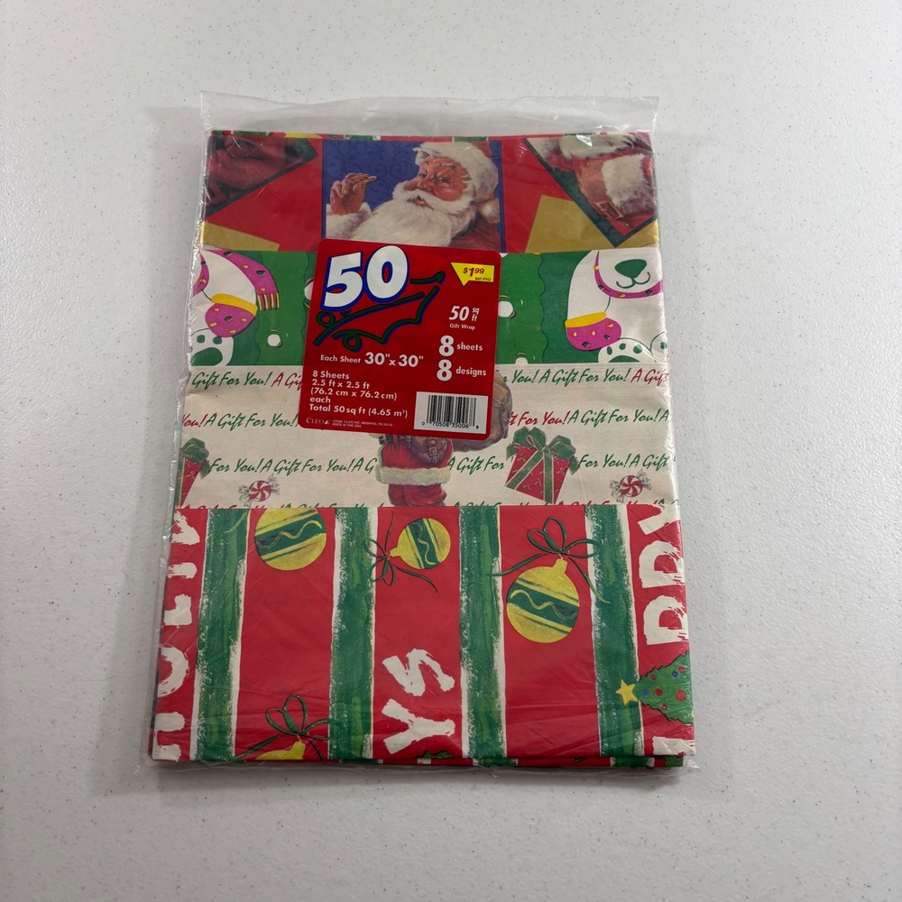 Vintage 2000 Cleo Christmas Gift Wrap 8 Sheets 50 Sq Ft Santa Polar Bear Holiday